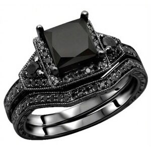 Black Princess Cut Onyx Bridal Set Gothic Engagement Ring Wedding Band Set